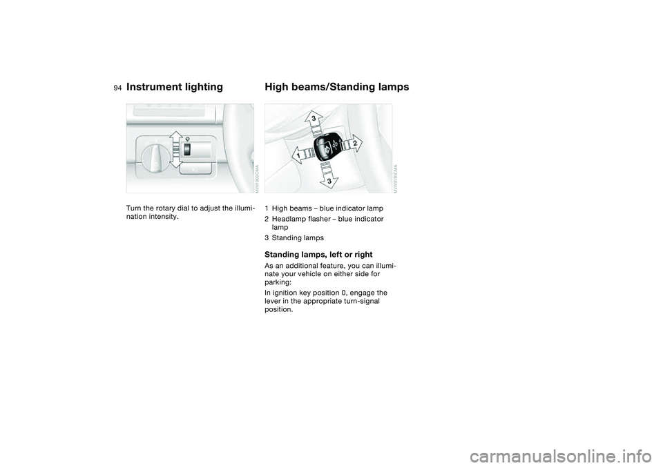 BMW 325I SPORT WAGON 2001  Owners Manual 94
Instrument lightingTurn the rotary dial to adjust the illumi-
nation intensity.
High beams/Standing lamps1High beams – blue indicator lamp
2Headlamp flasher – blue indicator 
lamp
3Standing lam
