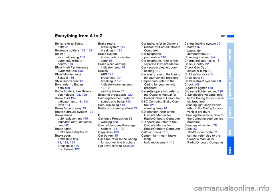 BMW 325XI 2004 User Guide Everything from A to Z
167
Belts, refer to Safety 
belts 51
Beverage holders 108, 109
Blower
air conditioning 100
automatic climate 
control 104
BMW High Performance 
Synthetic Oils 133
BMW Maintenanc