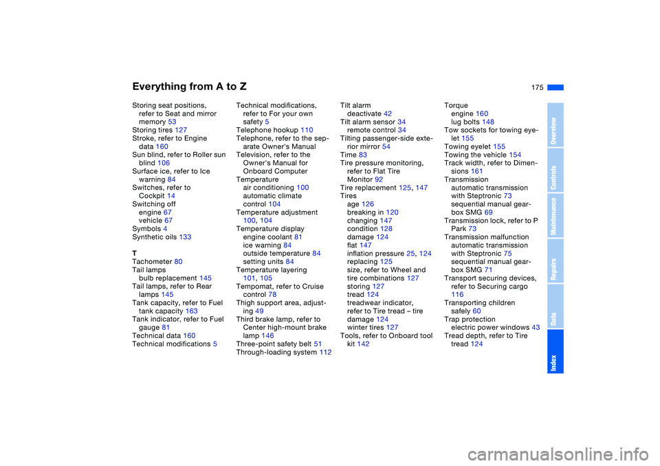 BMW 325XI 2004  Owners Manual Everything from A to Z
175
Storing seat positions, 
refer to Seat and mirror 
memory 53
Storing tires 127
Stroke, refer to Engine 
data 160
Sun blind, refer to Roller sun 
blind 106
Surface ice, refer