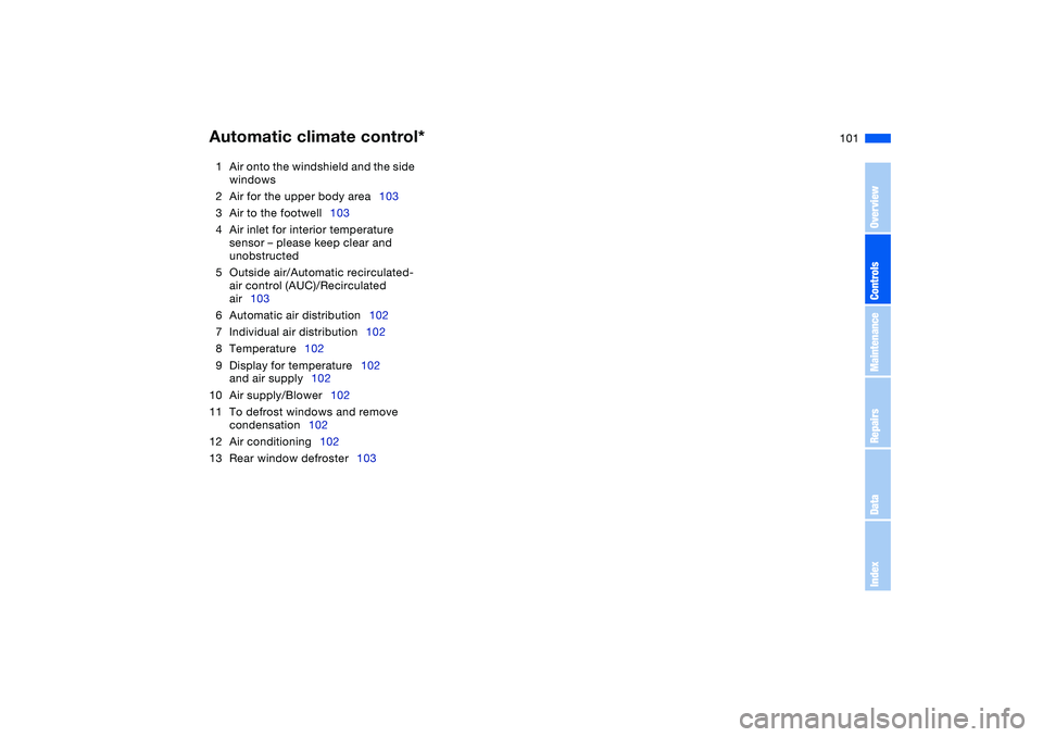 BMW 325XI SEDAN 2005  Owners Manual 101
1Air onto the windshield and the side 
windows
2Air for the upper body area103
3Air to the footwell103
4Air inlet for interior temperature 
sensor – please keep clear and 
unobstructed
5Outside 