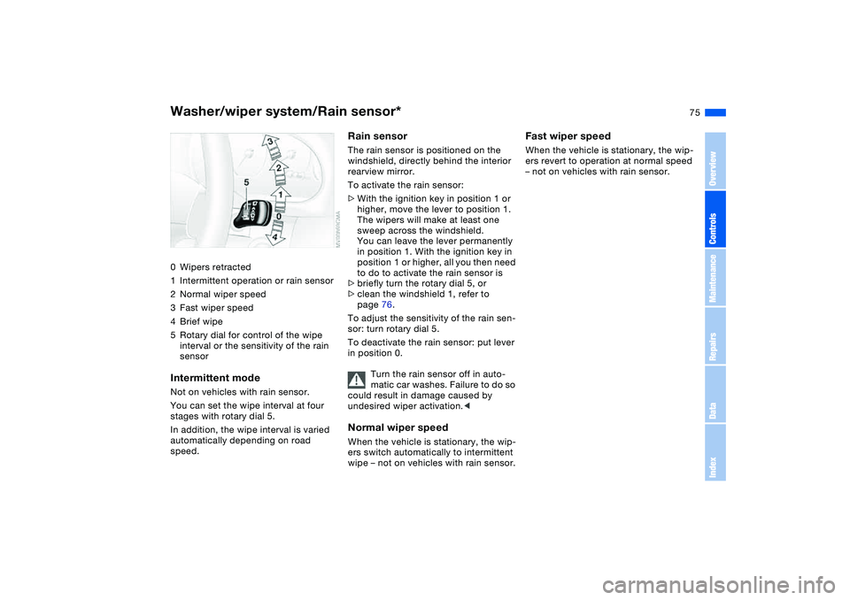 BMW 325XI SPORTS WAGON 2004  Owners Manual 75
Washer/wiper system/Rain sensor*0Wipers retracted
1Intermittent operation or rain sensor
2Normal wiper speed
3Fast wiper speed
4Brief wipe
5Rotary dial for control of the wipe 
interval or the sens