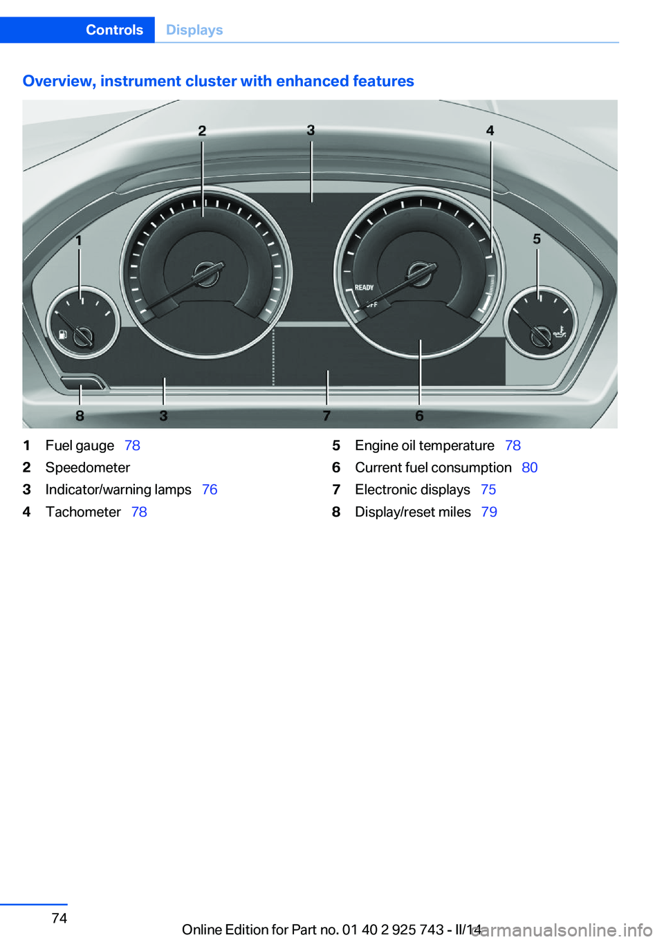 BMW 328D XDRIVE SEDAN 2014 Owners Manual Overview, instrument cluster with enhanced features1Fuel gauge 782Speedometer3Indicator/warning lamps 764Tachometer 785Engine oil temperature 786Current fuel consumption 80 BMW 328D XDRIVE SEDAN 2014 Owners Manual Overview, instrument cluster with enhanced features1Fuel gauge 782Speedometer3Indicator/warning lamps 764Tachometer 785Engine oil temperature 786Current fuel consumption 80