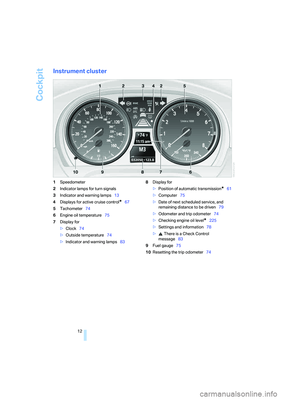 BMW 328I 2008  Owners Manual Cockpit
12
Instrument cluster
1Speedometer
2Indicator lamps for turn signals
3Indicator and warning lamps13
4Displays for active cruise control
*67
5Tachometer74
6Engine oil temperature75
7Display for