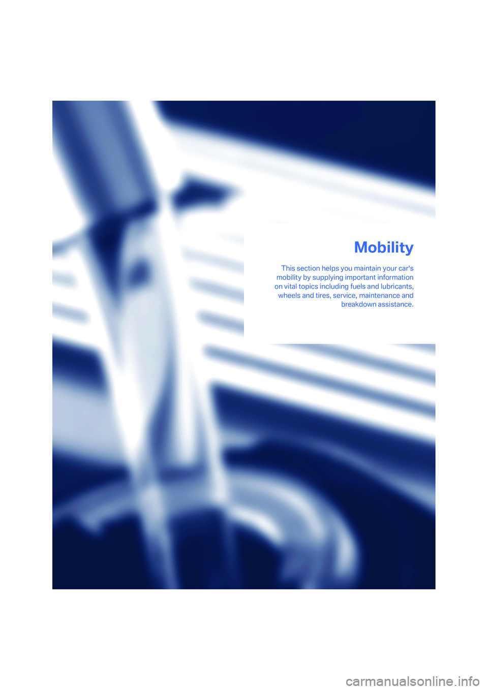 BMW 328I 2008 User Guide Mobility
This section helps you maintain your cars
mobility by supplying important information
on vital topics including fuels and lubricants,
wheels and tires, service, maintenance and
breakdown ass