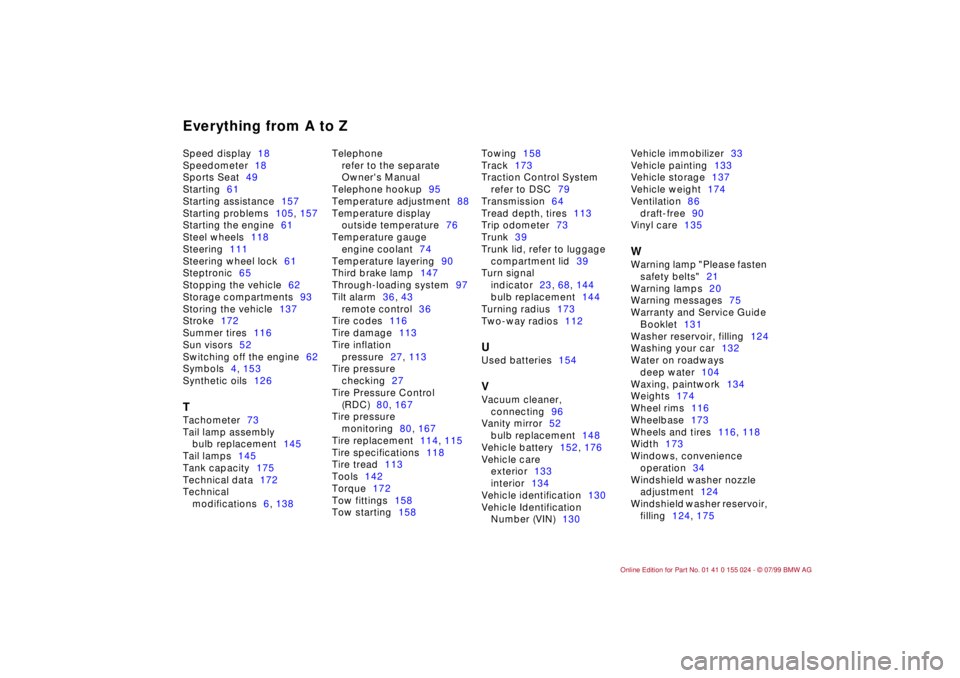 BMW 328I 2000  Owners Manual Everything from A to ZSpeed display18
Speedometer18
Sports Seat49
Starting61
Starting assistance157
Starting problems105, 157
Starting the engine61
Steel wheels118
Steering111
Steering wheel lock61
St