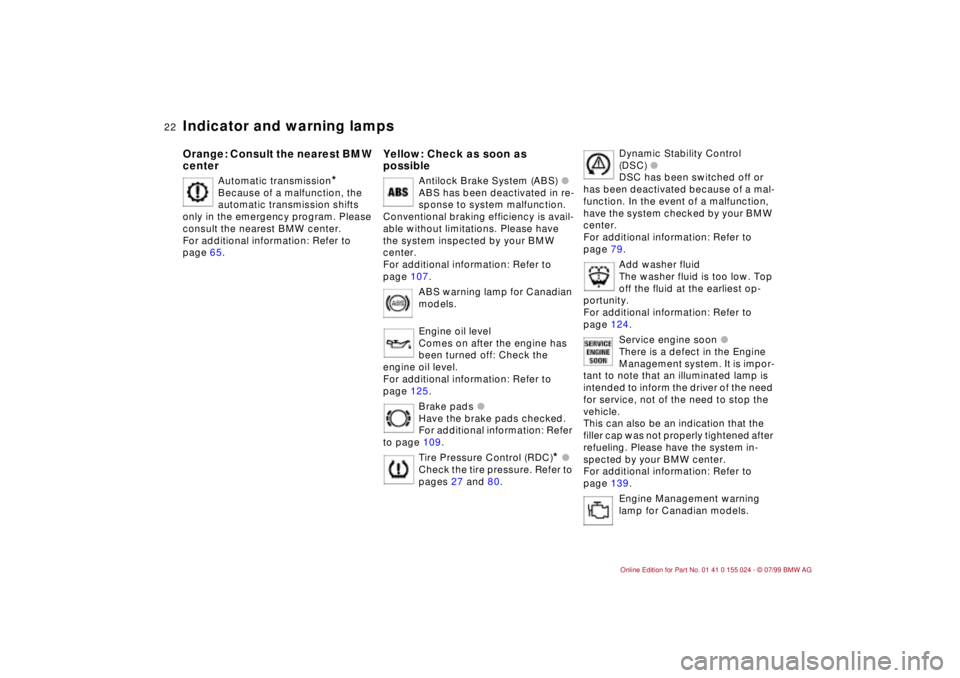 BMW 328I 2000  Owners Manual 22n
Indicator and warning lampsOrange: Consult the nearest BMW 
center
Automatic transmission
*
Because of a malfunction, the 
automatic transmission shifts 
only in the emergency program. Please 
con