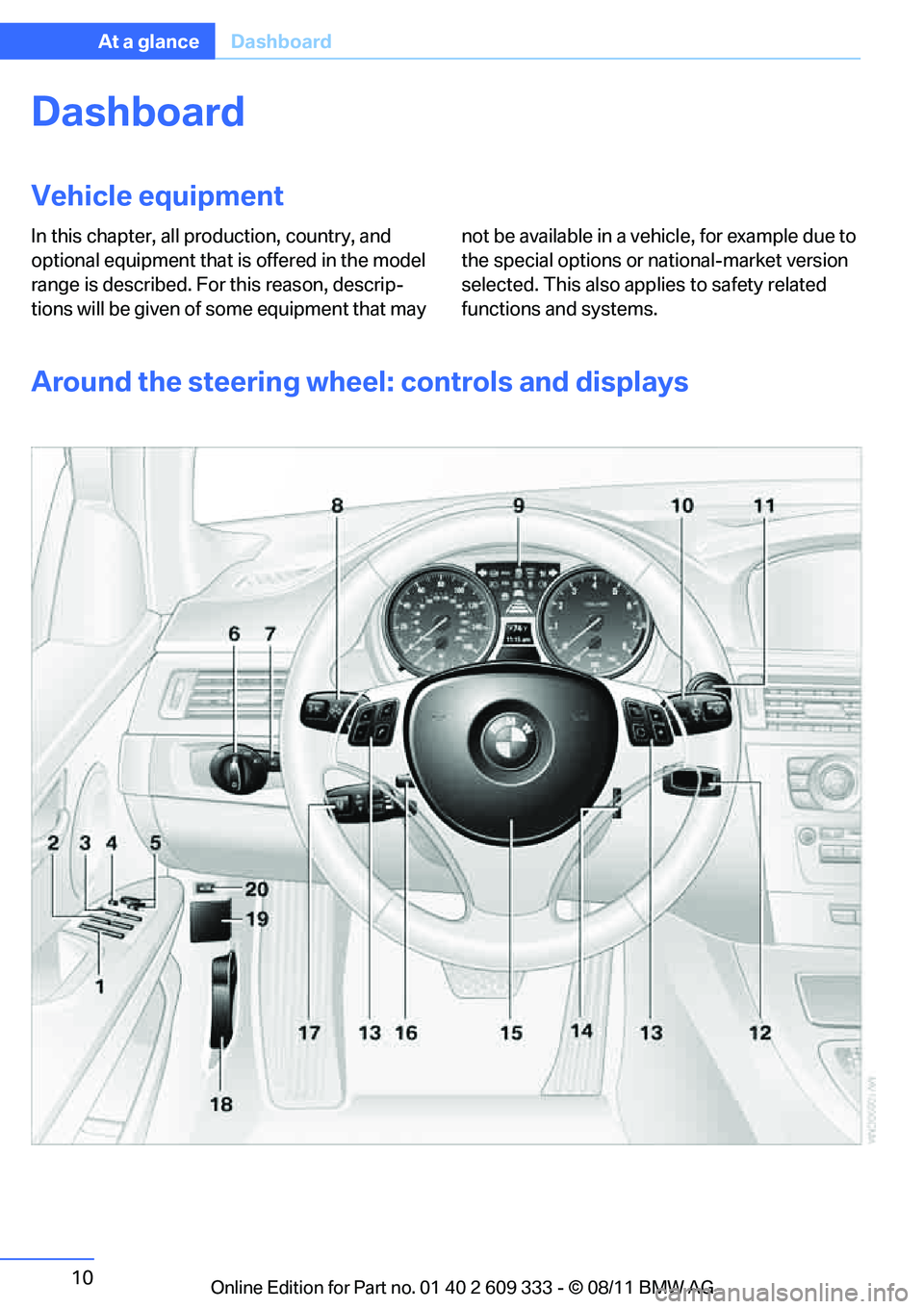 BMW 328I CONVERTIBLE 2012 Owners Manual 10
At a glanceDashboard
Dashboard
Vehicle equipment
In this chapter, all pr oduction, country, and
optional equipment that is offered in the model
range is described. For this reason, descrip-
tions BMW 328I CONVERTIBLE 2012 Owners Manual 10
At a glanceDashboard
Dashboard
Vehicle equipment
In this chapter, all pr oduction, country, and
optional equipment that is offered in the model
range is described. For this reason, descrip-
tions