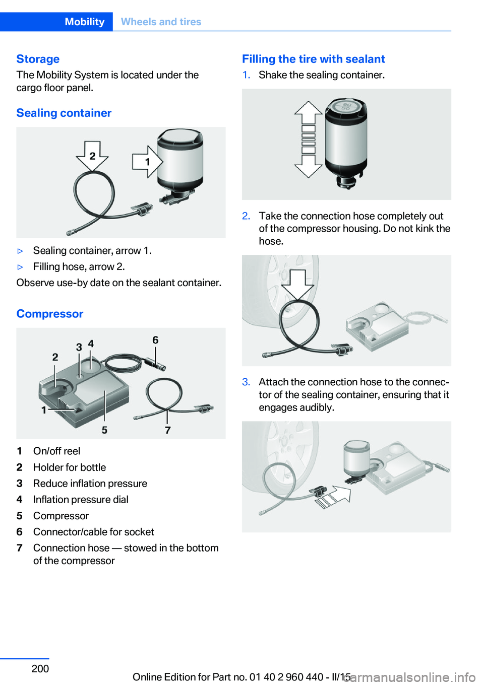 BMW 328I SEDAN 2015  Owners Manual StorageThe Mobility System is located under the
cargo floor panel.
Sealing container▷Sealing container, arrow 1.▷Filling hose, arrow 2.
Observe use-by date on the sealant container.
Compressor
1On