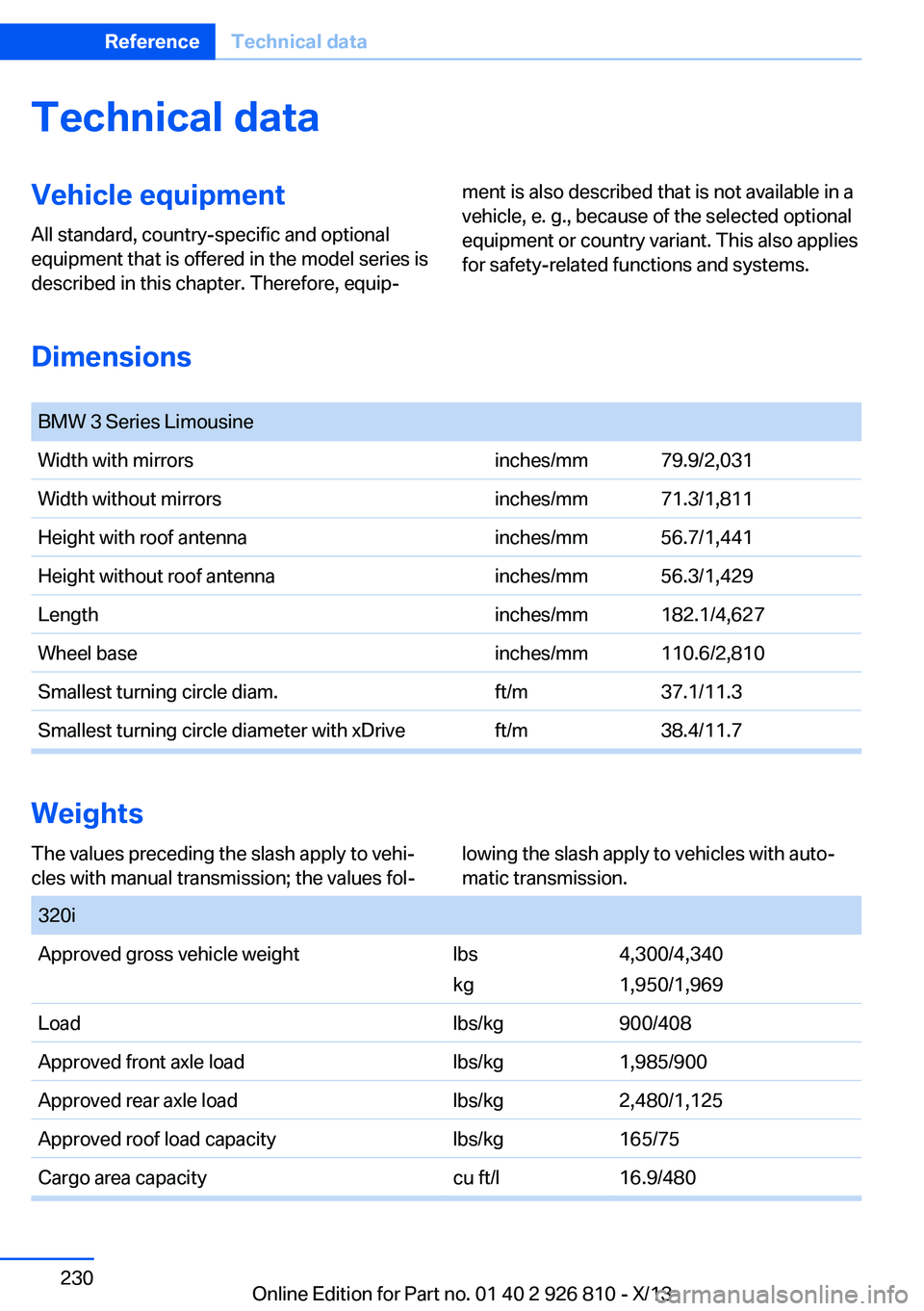BMW 328I SEDAN 2013  Owners Manual Technical dataVehicle equipment
All standard, country-specific and optional
equipment that is offered in the model series is
described in this chapter. Therefore, equip‐
ment is also described that 