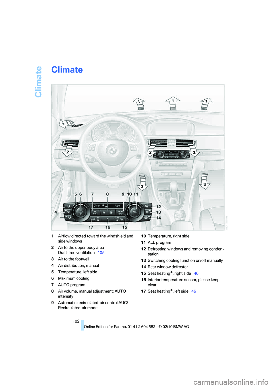 BMW 328I SEDAN 2011 Owners Manual Climate
102
Climate
1Airflow directed toward the windshield and
side windows
2Air to the upper body area
Draft-free ventilation105
3Air to the footwell
4Air distribution, manual
5Temperature, left s BMW 328I SEDAN 2011 Owners Manual Climate
102
Climate
1Airflow directed toward the windshield and
side windows
2Air to the upper body area
Draft-free ventilation105
3Air to the footwell
4Air distribution, manual
5Temperature, left s