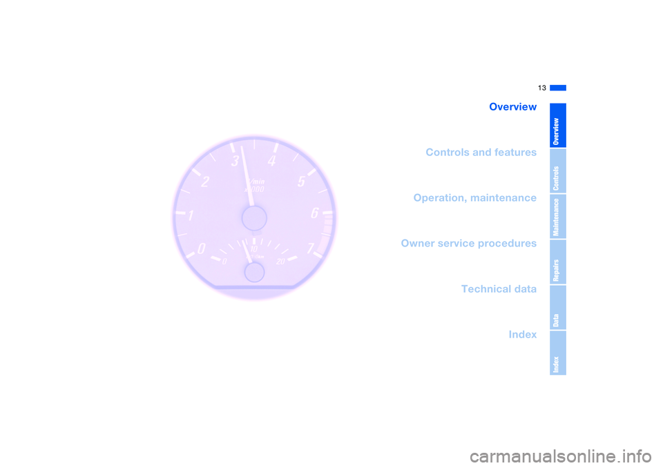 BMW 330CI CONVERTABLE 2006  Owners Manual  
13
 
Overview
Controls and features
Operation, maintenance
Owner service procedures
Technical data
Index
 
OverviewControlsMaintenanceRepairsDataIndex 