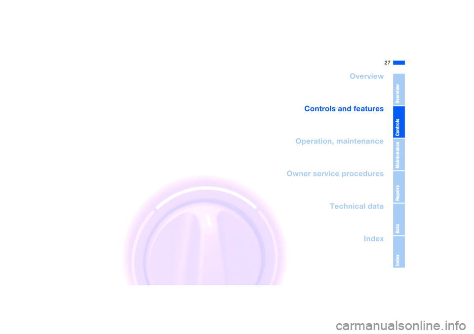 BMW 330CI CONVERTABLE 2006  Owners Manual 27
Overview
Controls and features
Operation, maintenance
Owner service procedures
Technical data
Index
OverviewControlsMaintenanceRepairsDataIndex 