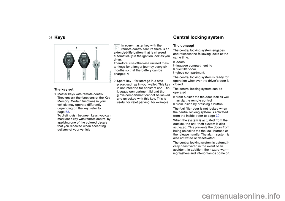 BMW 330CI CONVERTABLE 2006 Owners Manual 28Opening and closing
KeysThe key set1Master keys with remote control.
They govern the functions of the Key
Memory. Certain functions in your
vehicle may operate differently
depending on the key, BMW 330CI CONVERTABLE 2006 Owners Manual 28Opening and closing
KeysThe key set1Master keys with remote control.
They govern the functions of the Key
Memory. Certain functions in your
vehicle may operate differently
depending on the key,