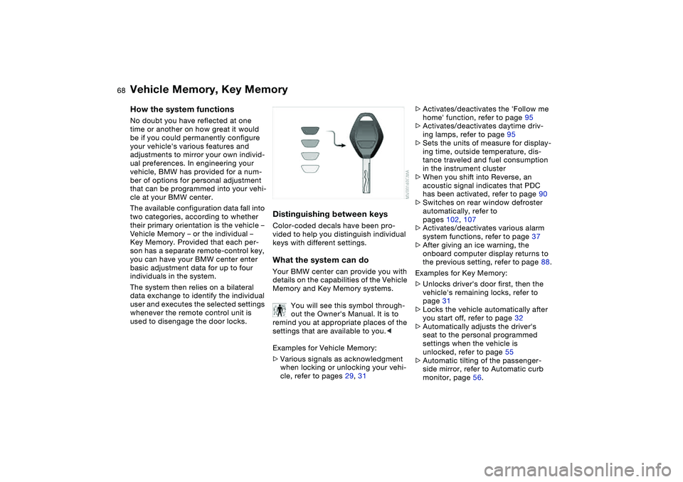 BMW 330CI CONVERTABLE 2006 Repair Manual 68
Vehicle Memory, Key MemoryHow the system functionsNo doubt you have reflected at one
time or another on how great it would
be if you could permanently configure
your vehicles various features a BMW 330CI CONVERTABLE 2006 Repair Manual 68
Vehicle Memory, Key MemoryHow the system functionsNo doubt you have reflected at one
time or another on how great it would
be if you could permanently configure
your vehicles various features a