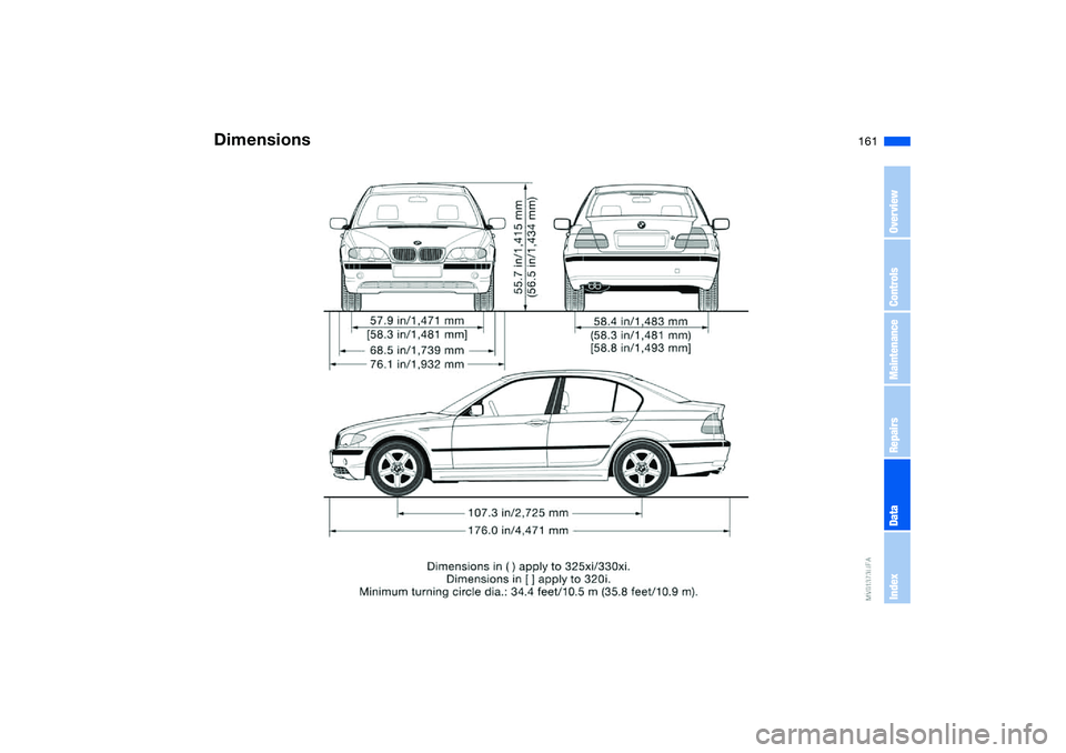 BMW 330I 2004 Owners Manual 161
Dimensions
OverviewControlsMaintenanceRepairsDataIndex BMW 330I 2004 Owners Manual 161
Dimensions
OverviewControlsMaintenanceRepairsDataIndex