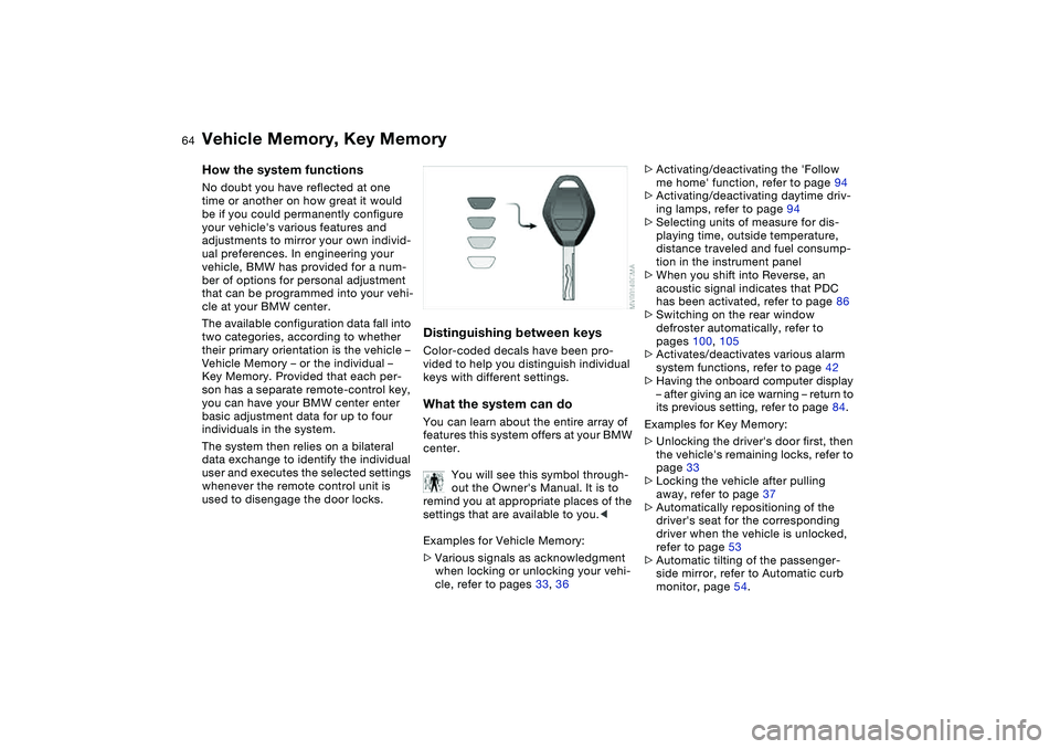 BMW 330I 2004 Repair Manual 64
Vehicle Memory, Key MemoryHow the system functionsNo doubt you have reflected at one
time or another on how great it would
be if you could permanently configure
your vehicles various features a BMW 330I 2004 Repair Manual 64
Vehicle Memory, Key MemoryHow the system functionsNo doubt you have reflected at one
time or another on how great it would
be if you could permanently configure
your vehicles various features a