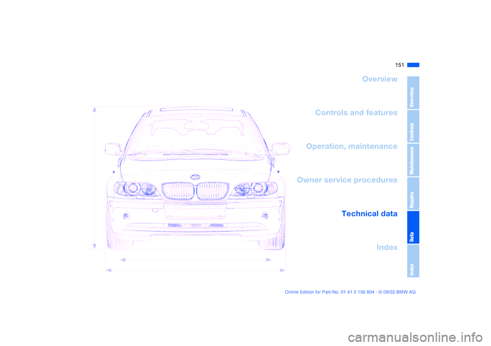 BMW 330I 2003 Owners Manual 151
Overview
Controls and features
Operation, maintenance
Owner service procedures
Technical data
Index
OverviewControlsMaintenanceRepairsDataIndex BMW 330I 2003 Owners Manual 151
Overview
Controls and features
Operation, maintenance
Owner service procedures
Technical data
Index
OverviewControlsMaintenanceRepairsDataIndex
