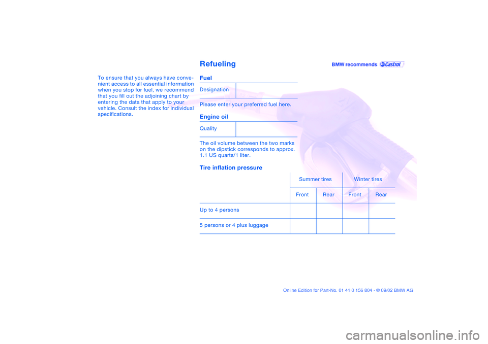 BMW 330I 2003  Owners Manual Refueling
To ensure that you always have conve-
nient access to all essential information 
when you stop for fuel, we recommend 
that you fill out the adjoining chart by 
entering the data that apply 