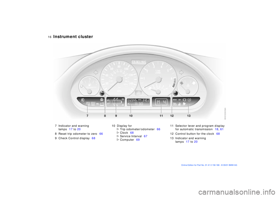 BMW 330I 2002 User Guide
16n
Instrument cluster
7 Indicator and warning
lamps17 to 20
8 Reset trip odometer to zero66
9 Check Control display6810 Display for
>
Trip odometer/odometer66
>
Clock68
>
Service I BMW 330I 2002 User Guide
16n
Instrument cluster
7 Indicator and warning
lamps17 to 20
8 Reset trip odometer to zero66
9 Check Control display6810 Display for
>
Trip odometer/odometer66
>
Clock68
>
Service I