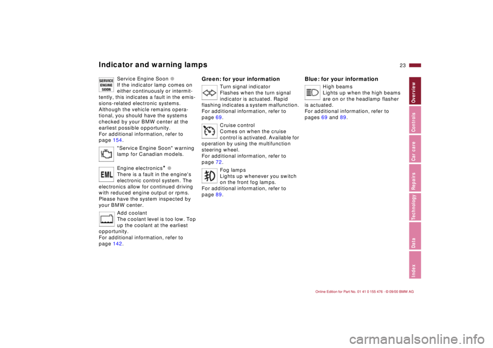 BMW 330I 2001  Owners Manual 23n
IndexDataTechnologyRepairsCar careControlsOverview
Indicator and warning lamps
Service Engine Soon l 
If the indicator lamp comes on 
either continuously or intermit-
tently, this indicates a faul