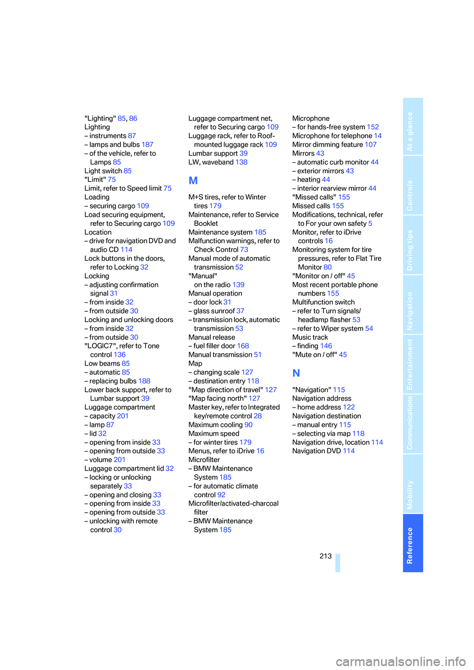 BMW 330XI IDRIVE SEDAN 2005  Owners Manual Reference 213
At a glance
Controls
Driving tips
Communications
Navigation
Entertainment
Mobility
"Lighting"85,86
Lighting
– instruments87
– lamps and bulbs187
– of the vehicle, refer to 
Lamps85