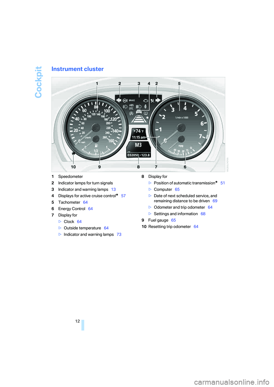 BMW 330XI SEDAN 2005 Owners Manual Cockpit
12
Instrument cluster
1Speedometer
2Indicator lamps for turn signals
3Indicator and warning lamps13
4Displays for active cruise control
*57
5Tachometer64
6Energy Control64
7Display for
>Clock6 BMW 330XI SEDAN 2005 Owners Manual Cockpit
12
Instrument cluster
1Speedometer
2Indicator lamps for turn signals
3Indicator and warning lamps13
4Displays for active cruise control
*57
5Tachometer64
6Energy Control64
7Display for
>Clock6