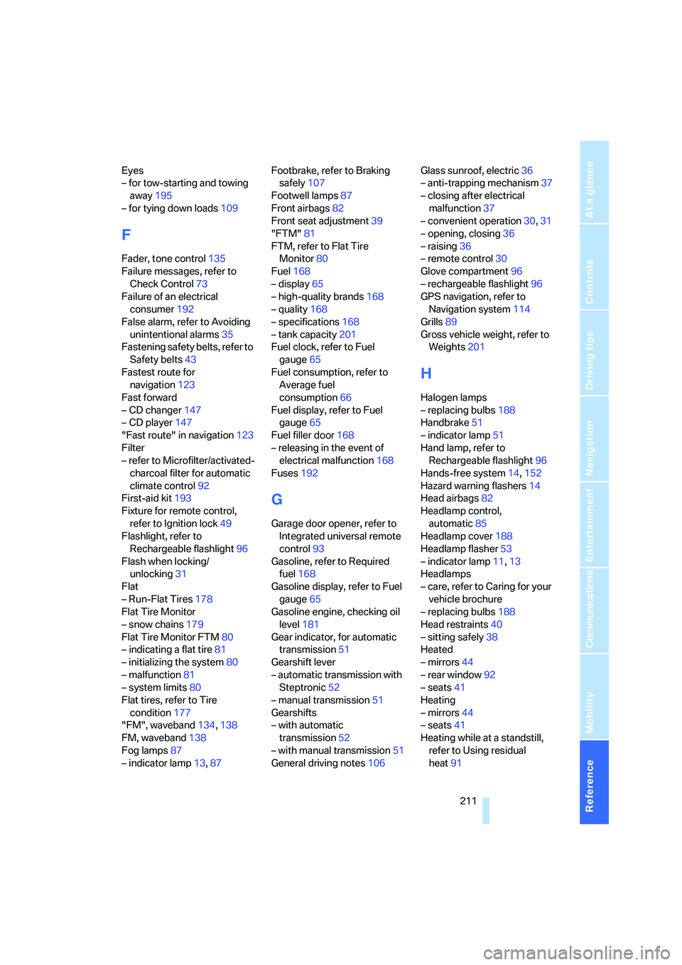 BMW 330XI SEDAN 2005  Owners Manual Reference 211
At a glance
Controls
Driving tips
Communications
Navigation
Entertainment
Mobility
Eyes
– for tow-starting and towing 
away195
– for tying down loads109
F
Fader, tone control135
Fail