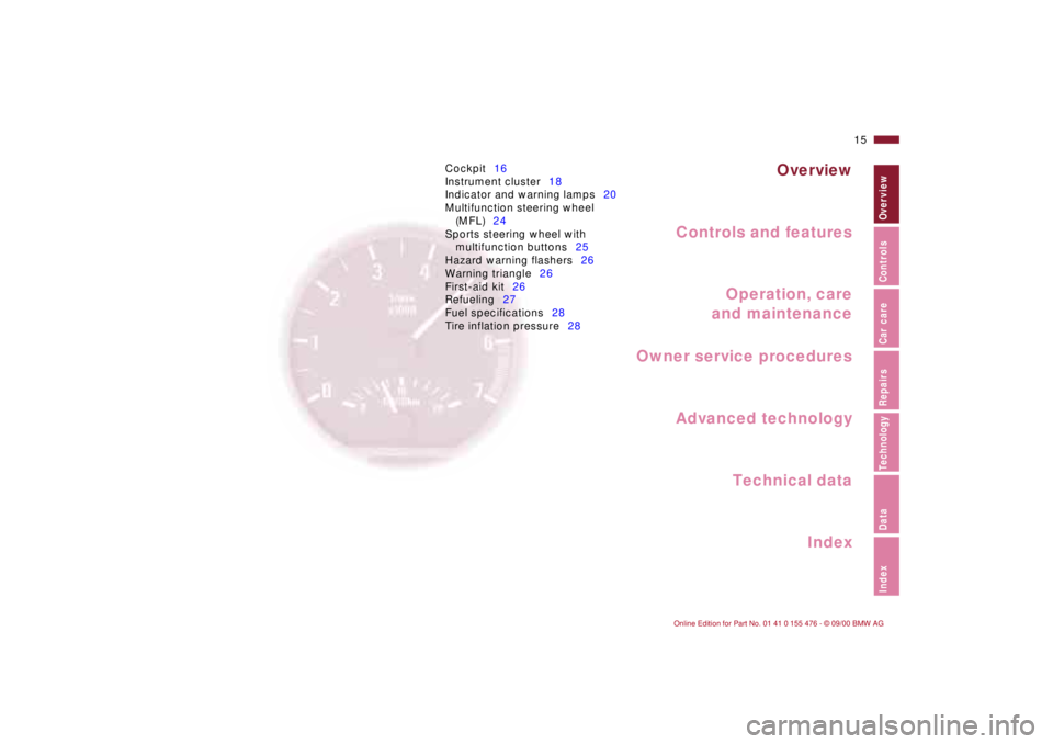 BMW 330XI SEDAN 2001  Owners Manual  
Overview
Controls and features
Operation, care
and maintenance
Owner service procedures
Technical data
Index Advanced technology
 
15n
 
IndexDataTechnologyRepairsCar careControlsOverview
 Cockpit16
