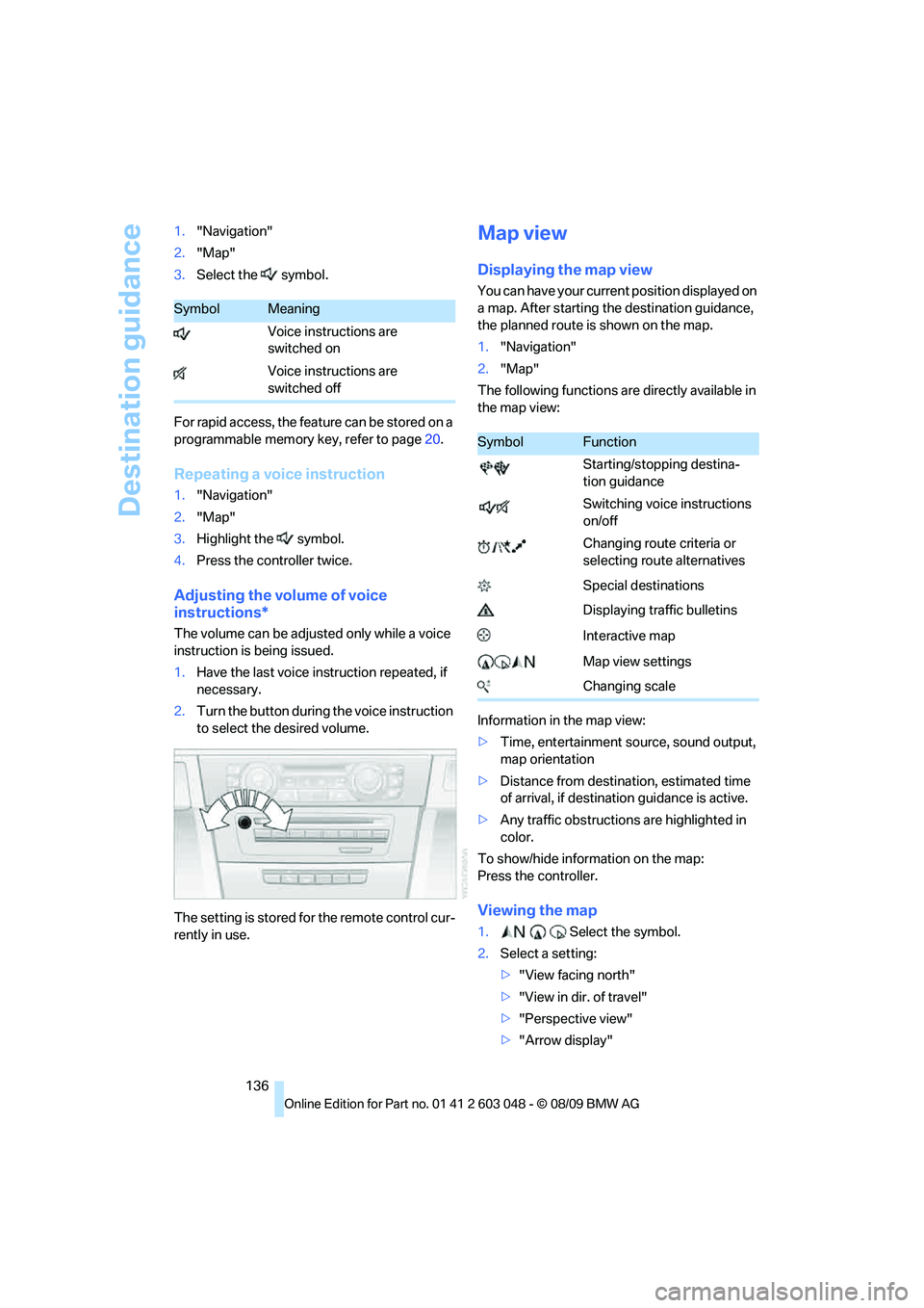 BMW 335I 2010  Owners Manual Destination guidance
136 1."Navigation"
2."Map"
3.Select the  symbol.
For rapid access, the feature can be stored on a 
programmable memory key, refer to page20.
Repeating a voice instruction
1."Navig