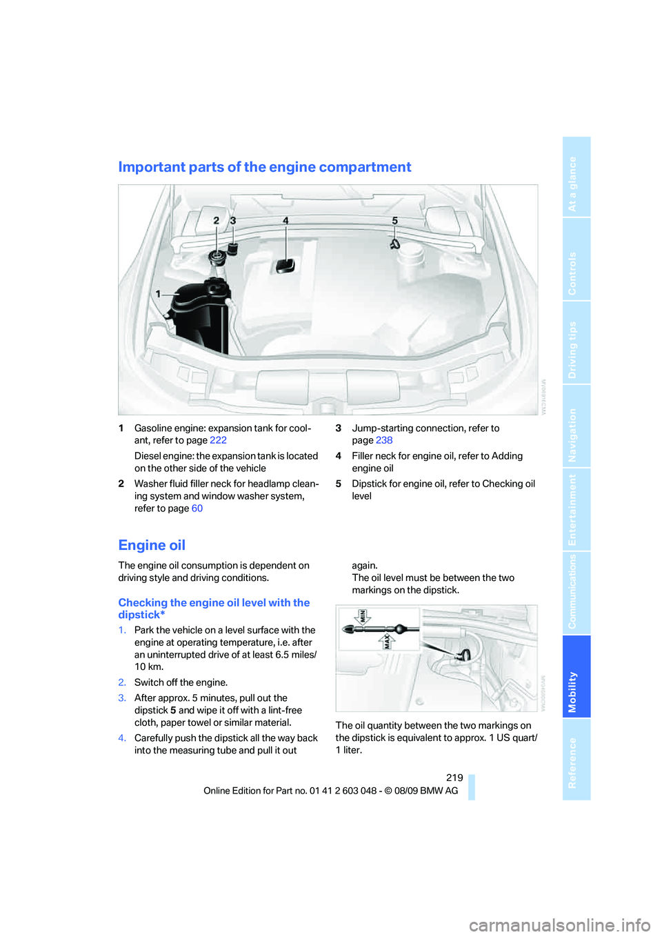 BMW 335I 2010  Owners Manual Mobility
 219Reference
At a glance
Controls
Driving tips
Communications
Navigation
Entertainment
Important parts of the engine compartment
1Gasoline engine: expansion tank for cool-
ant, refer to page