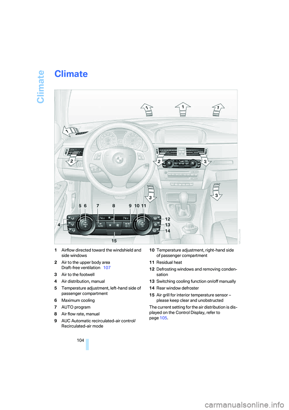 BMW 335I 2008 Owners Manual Climate
104
Climate
1Airflow directed toward the windshield and
side windows
2Air to the upper body area
Draft-free ventilation107
3Air to the footwell
4Air distribution, manual
5Temperature adjustm BMW 335I 2008 Owners Manual Climate
104
Climate
1Airflow directed toward the windshield and
side windows
2Air to the upper body area
Draft-free ventilation107
3Air to the footwell
4Air distribution, manual
5Temperature adjustm
