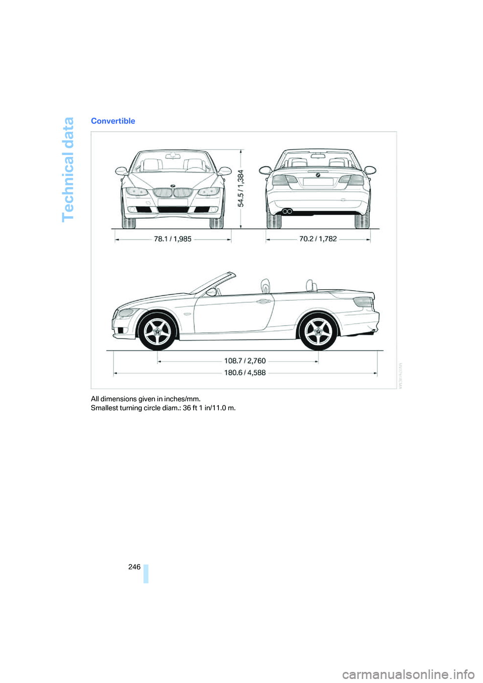 BMW 335I 2008 Owners Manual Technical data
246
Convertible
All dimensions given in inches/mm.
Smallest turning circle diam.: 36 ft 1 in/11.0 m. BMW 335I 2008 Owners Manual Technical data
246
Convertible
All dimensions given in inches/mm.
Smallest turning circle diam.: 36 ft 1 in/11.0 m.