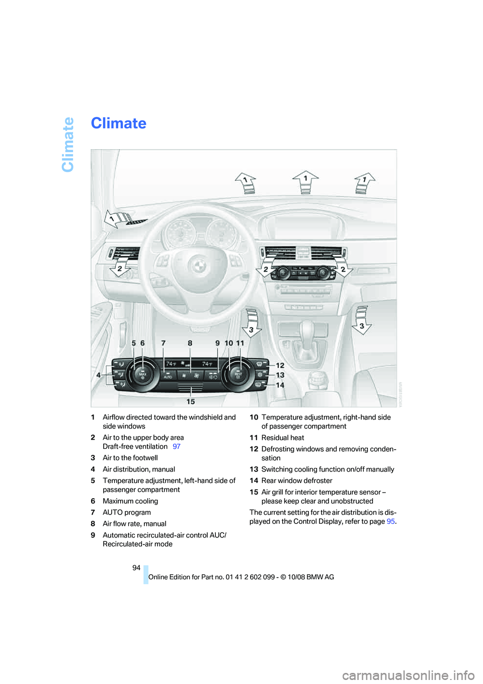 BMW 335I XDRIVE 2009 Owners Manual Climate
94
Climate
1Airflow directed toward the windshield and
side windows
2 Air to the upper body area
Draft-free ventilation 97
3 Air to the footwell
4 Air distribution, manual
5 Temperature adju BMW 335I XDRIVE 2009 Owners Manual Climate
94
Climate
1Airflow directed toward the windshield and
side windows
2 Air to the upper body area
Draft-free ventilation 97
3 Air to the footwell
4 Air distribution, manual
5 Temperature adju