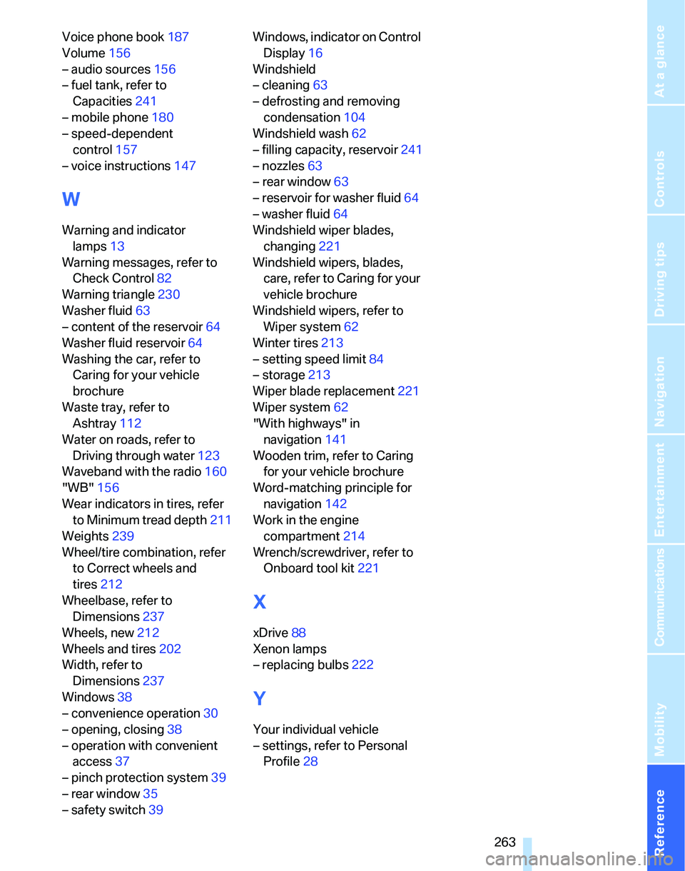 BMW 335XI 2007  Owners Manual Reference 263
At a glance
Controls
Driving tips
Communications
Navigation
Entertainment
Mobility
Voice phone book187
Volume156
– audio sources156
– fuel tank, refer to 
Capacities241
– mobile ph