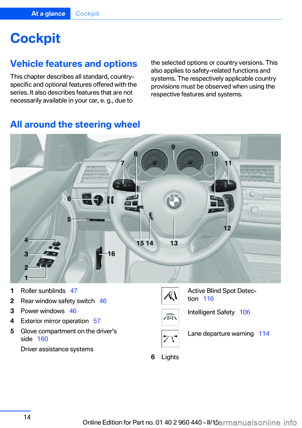 BMW 340I SEDAN 2016 User Guide CockpitVehicle features and options
This chapter describes all standard, country-
specific and optional features offered with the
series. It also describes features that are not
necessarily available BMW 340I SEDAN 2016 User Guide CockpitVehicle features and options
This chapter describes all standard, country-
specific and optional features offered with the
series. It also describes features that are not
necessarily available