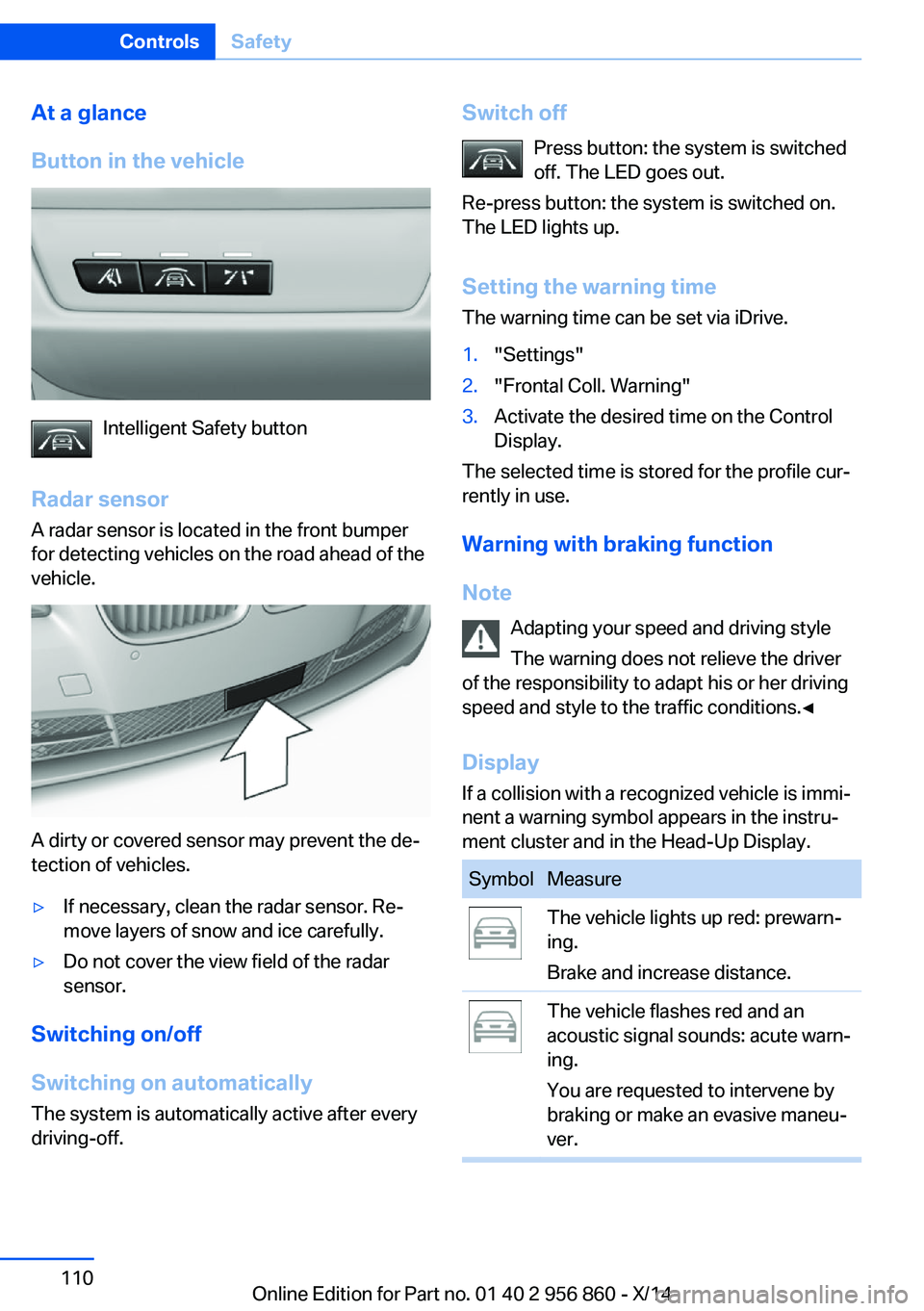 BMW 435I CONVERTIBLE 2014 Owners Manual At a glance
Button in the vehicle
Intelligent Safety button
Radar sensor
A radar sensor is located in the front bumper
for detecting vehicles on the road ahead of the
vehicle.
A dirty or covered senso BMW 435I CONVERTIBLE 2014 Owners Manual At a glance
Button in the vehicle
Intelligent Safety button
Radar sensor
A radar sensor is located in the front bumper
for detecting vehicles on the road ahead of the
vehicle.
A dirty or covered senso