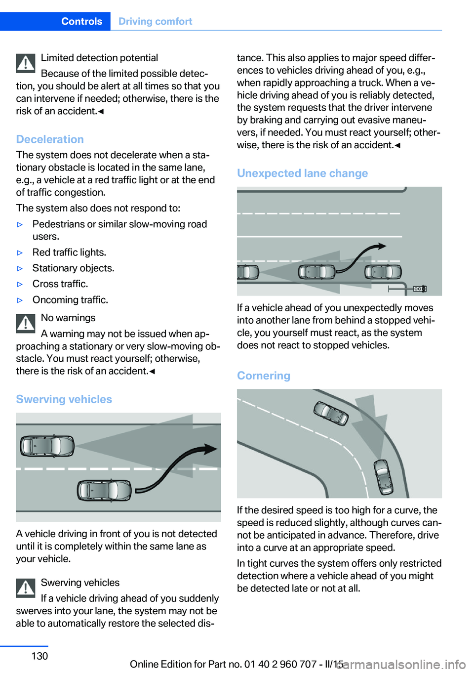 BMW 435I XDRIVE GRAN COUPE 2016  Owners Manual Limited detection potential
Because of the limited possible detec‐
tion, you should be alert at all times so that you
can intervene if needed; otherwise, there is the
risk of an accident.◀
Deceler