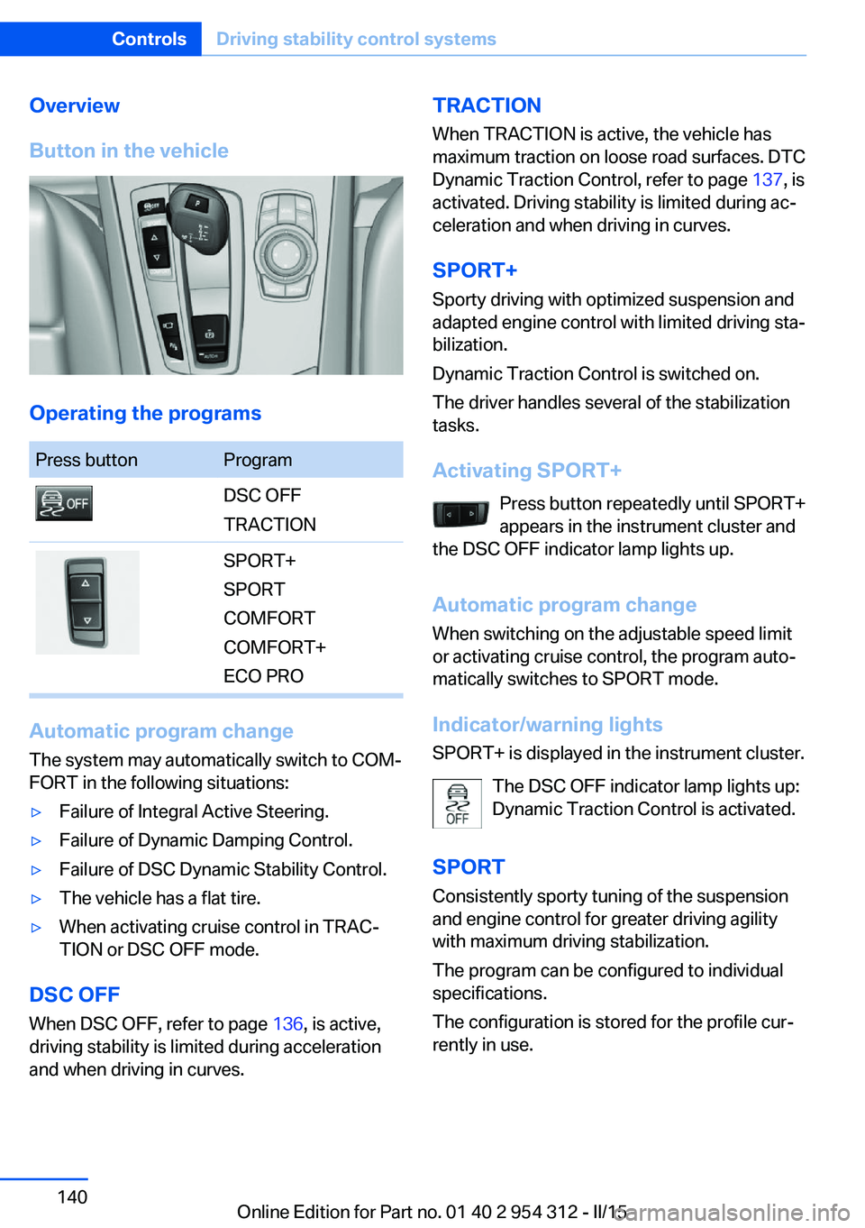 BMW 5 SERIES SEDAN 2015  Owners Manual Overview
Button in the vehicle
Operating the programs
Press buttonProgramDSC OFF
TRACTIONSPORT+
SPORT
COMFORT
COMFORT+
ECO PRO
Automatic program change
The system may automatically switch to COM‐
FO