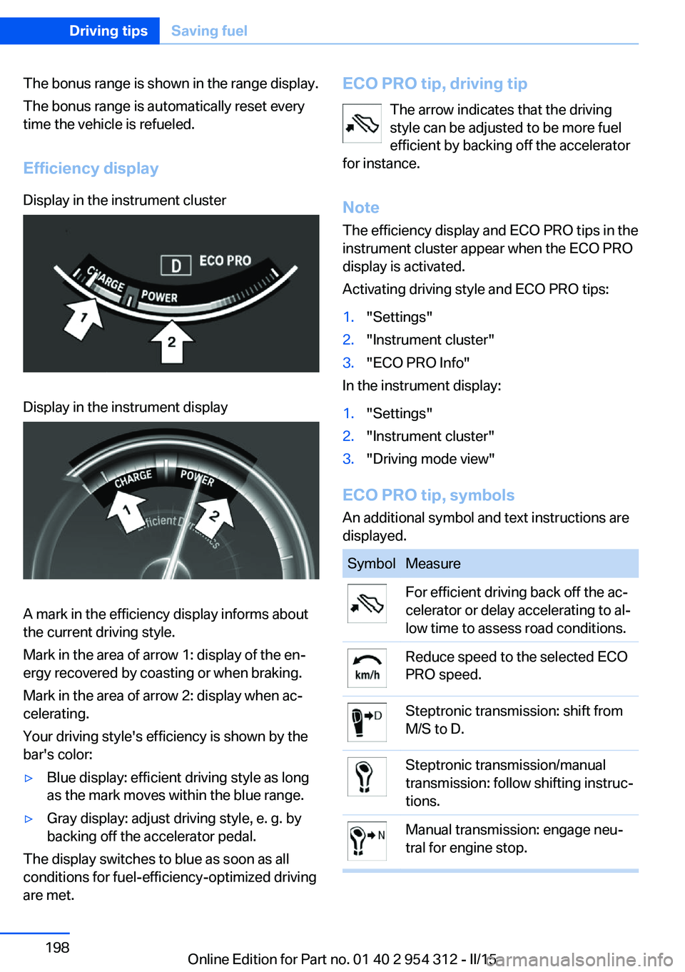 BMW 5 SERIES SEDAN 2015 Owners Manual The bonus range is shown in the range display.
The bonus range is automatically reset every
time the vehicle is refueled.
Efficiency displayDisplay in the instrument clusterDisplay in the instrument d BMW 5 SERIES SEDAN 2015 Owners Manual The bonus range is shown in the range display.
The bonus range is automatically reset every
time the vehicle is refueled.
Efficiency displayDisplay in the instrument clusterDisplay in the instrument d