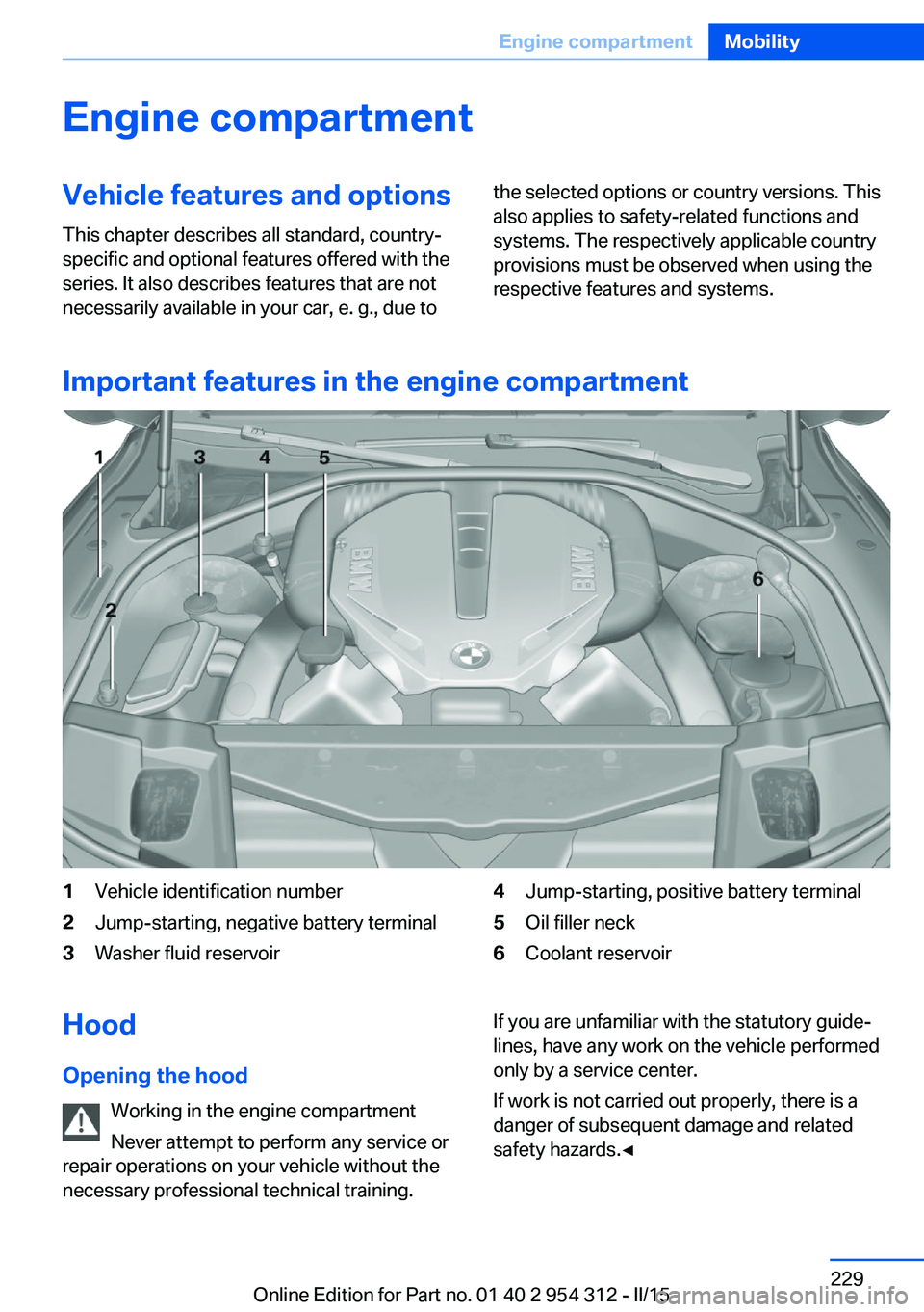BMW 5 SERIES SEDAN 2015 Owners Manual Engine compartmentVehicle features and optionsThis chapter describes all standard, country-
specific and optional features offered with the
series. It also describes features that are not
necessarily BMW 5 SERIES SEDAN 2015 Owners Manual Engine compartmentVehicle features and optionsThis chapter describes all standard, country-
specific and optional features offered with the
series. It also describes features that are not
necessarily
