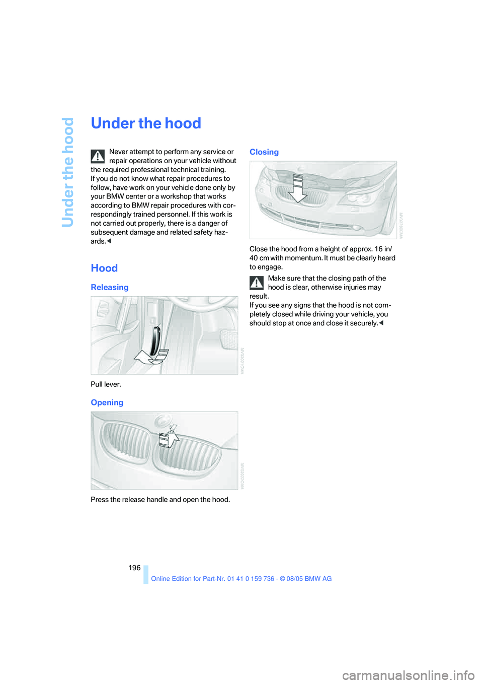 BMW 525I 2006  Owners Manual Under the hood
196
Under the hood
Never attempt to perform any service or 
repair operations on your vehicle without 
the required professional technical training. 
If you do not know what repair proc