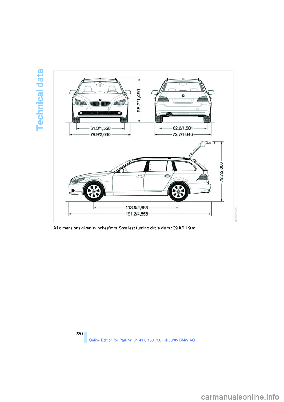 BMW 525I 2006  Owners Manual Technical data
220
All dimensions given in inches/mm. Smallest turning circle diam.: 39 ft/11.9 m 