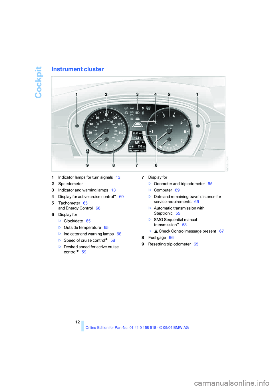 BMW 525I 2005 User Guide Cockpit
12
Instrument cluster
1Indicator lamps for turn signals13
2Speedometer
3Indicator and warning lamps13
4Display for active cruise control
*60
5Tachometer65
and Energy Control66
6Display for
> BMW 525I 2005 User Guide Cockpit
12
Instrument cluster
1Indicator lamps for turn signals13
2Speedometer
3Indicator and warning lamps13
4Display for active cruise control
*60
5Tachometer65
and Energy Control66
6Display for
>