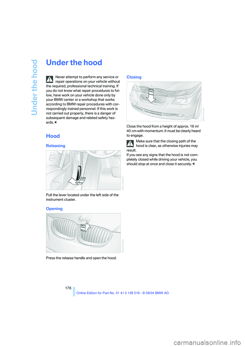 BMW 525I 2005 Owners Manual Under the hood
176
Under the hood
Never attempt to perform any service or
repair operations on your vehicle without
the required, professional technical training. If
you do not know what repair pro BMW 525I 2005 Owners Manual Under the hood
176
Under the hood
Never attempt to perform any service or
repair operations on your vehicle without
the required, professional technical training. If
you do not know what repair pro