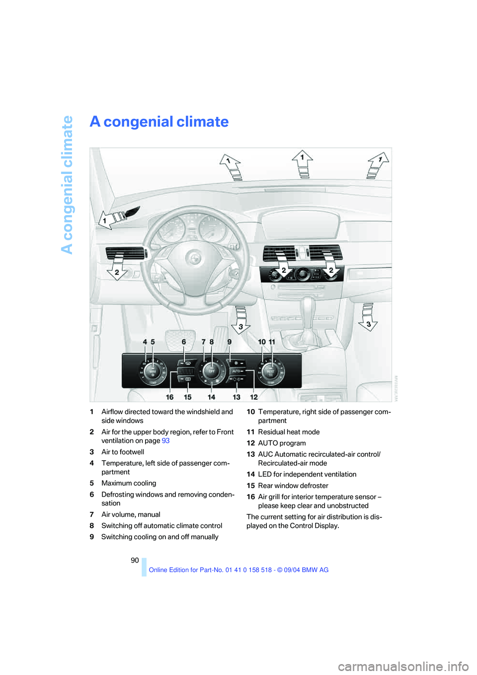 BMW 525I 2005 Owners Manual A congenial climate
90
A congenial climate
1Airflow directed toward the windshield and
side windows
2Air for the upper body region, refer to Front
ventilation on page93
3Air to footwell
4Temperature BMW 525I 2005 Owners Manual A congenial climate
90
A congenial climate
1Airflow directed toward the windshield and
side windows
2Air for the upper body region, refer to Front
ventilation on page93
3Air to footwell
4Temperature