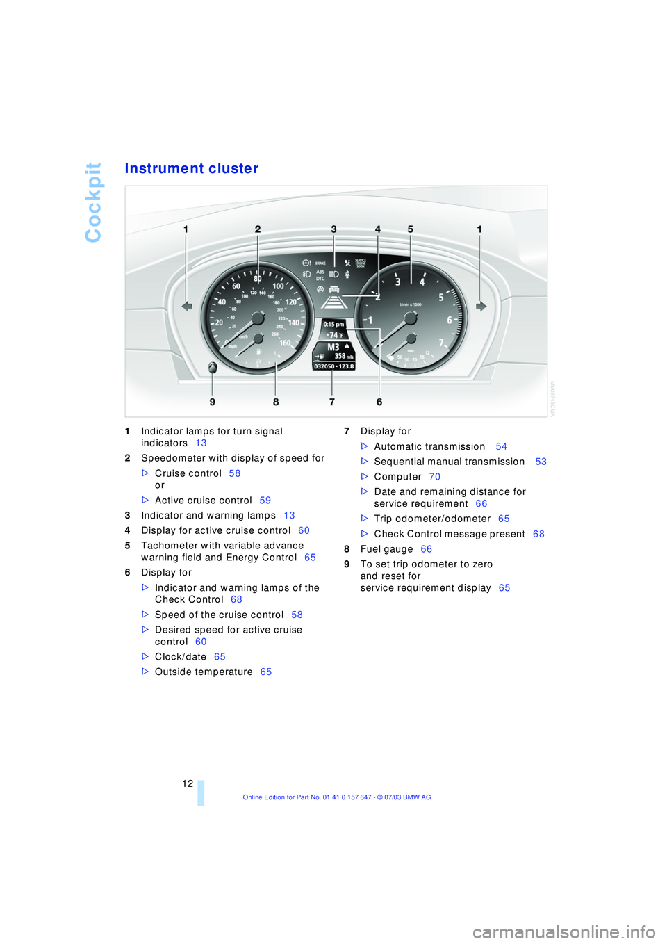 BMW 525I 2004 User Guide Cockpit
12
Instrument cluster 
1Indicator lamps for turn signal 
indicators13 
2Speedometer with display of speed for 
>Cruise control58 
or 
>Active cruise control59 
3Indicator and warning lamps13 
