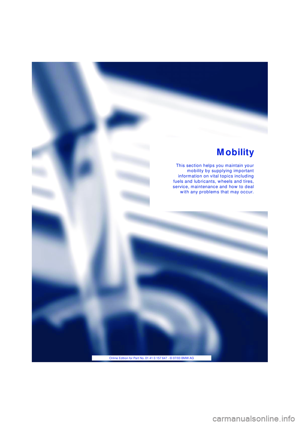 BMW 525I 2004  Owners Manual Mobility
This section helps you maintain your
mobility by supplying important
information on vital topics including
fuels and lubricants, wheels and tires,
service, maintenance and how to deal
with an
