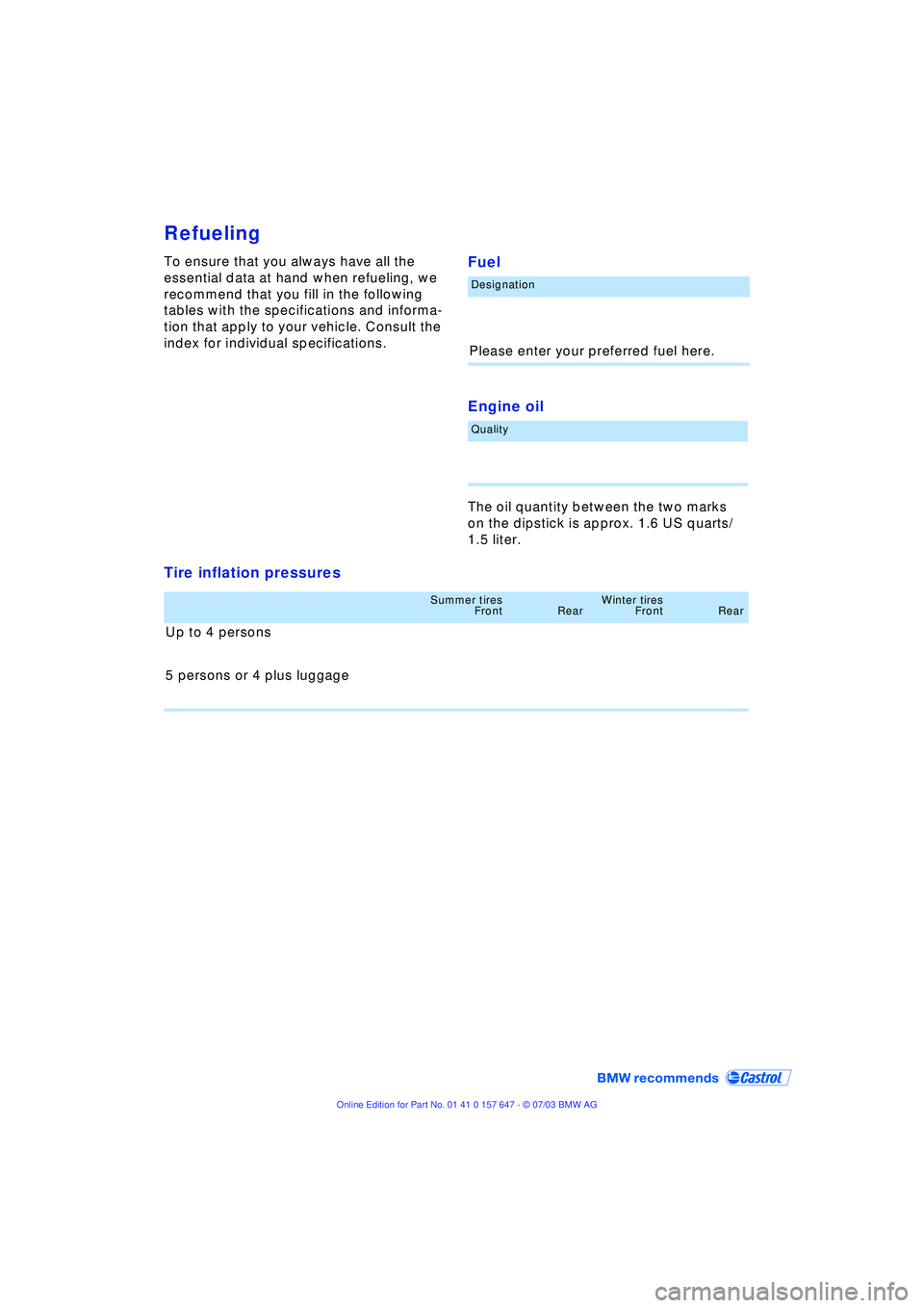 BMW 525I 2004  Owners Manual Refueling
To ensure that you always have all the 
essential data at hand when refueling, we 
recommend that you fill in the following 
tables with the specifications and informa-
tion that apply to yo