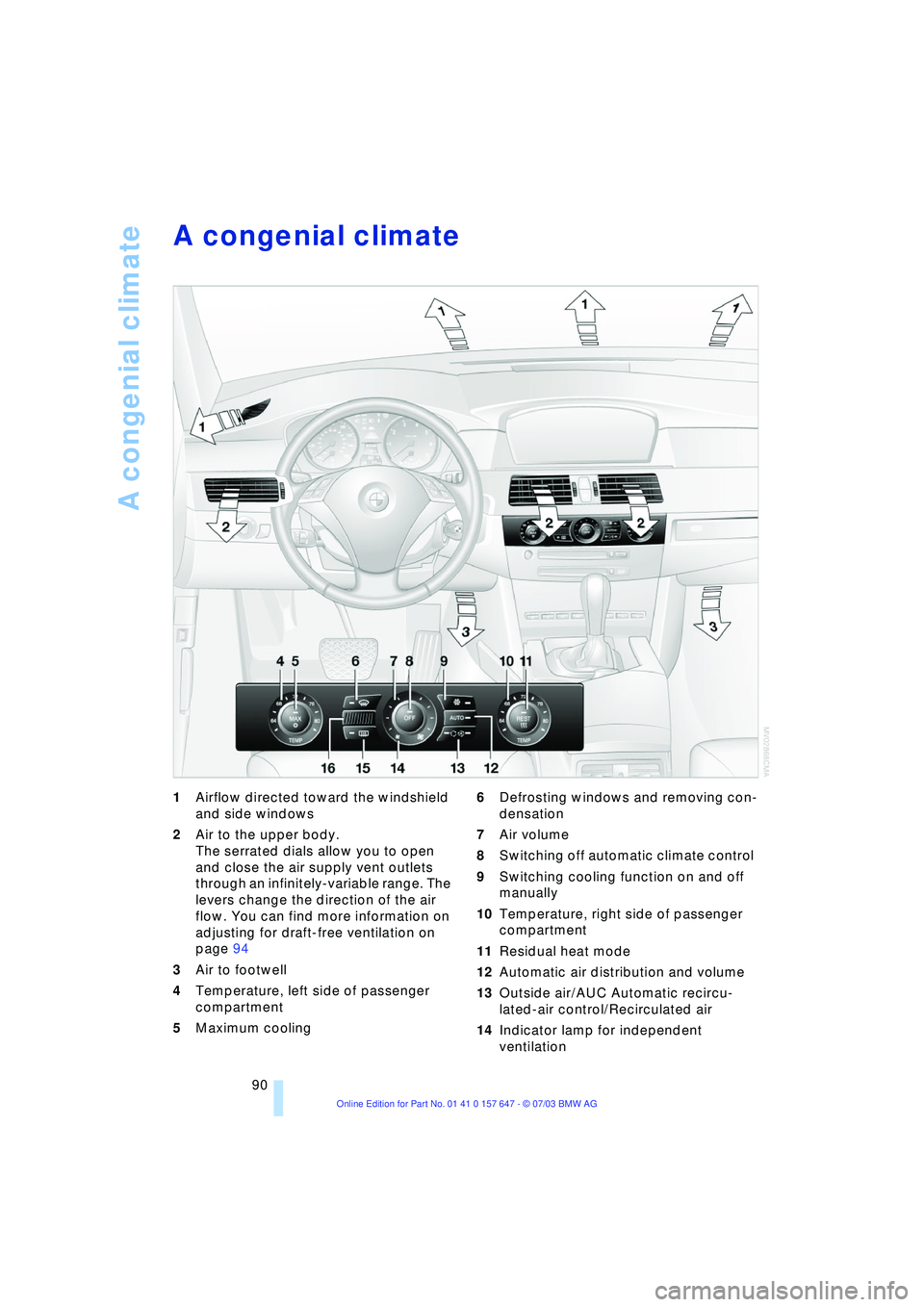 BMW 525I 2004  Owners Manual A congenial climate
90
A congenial climate 
1Airflow directed toward the windshield 
and side windows 
2Air to the upper body. 
The serrated dials allow you to open 
and close the air supply vent outl