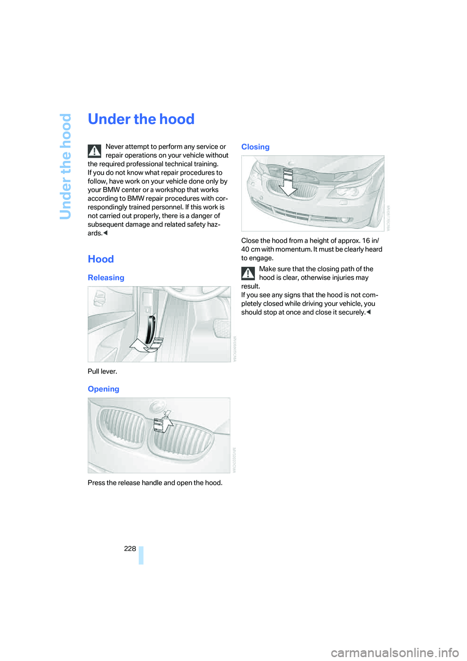 BMW 525I SEDAN 2007  Owners Manual Under the hood
228
Under the hood
Never attempt to perform any service or 
repair operations on your vehicle without 
the required professional technical training. 
If you do not know what repair proc